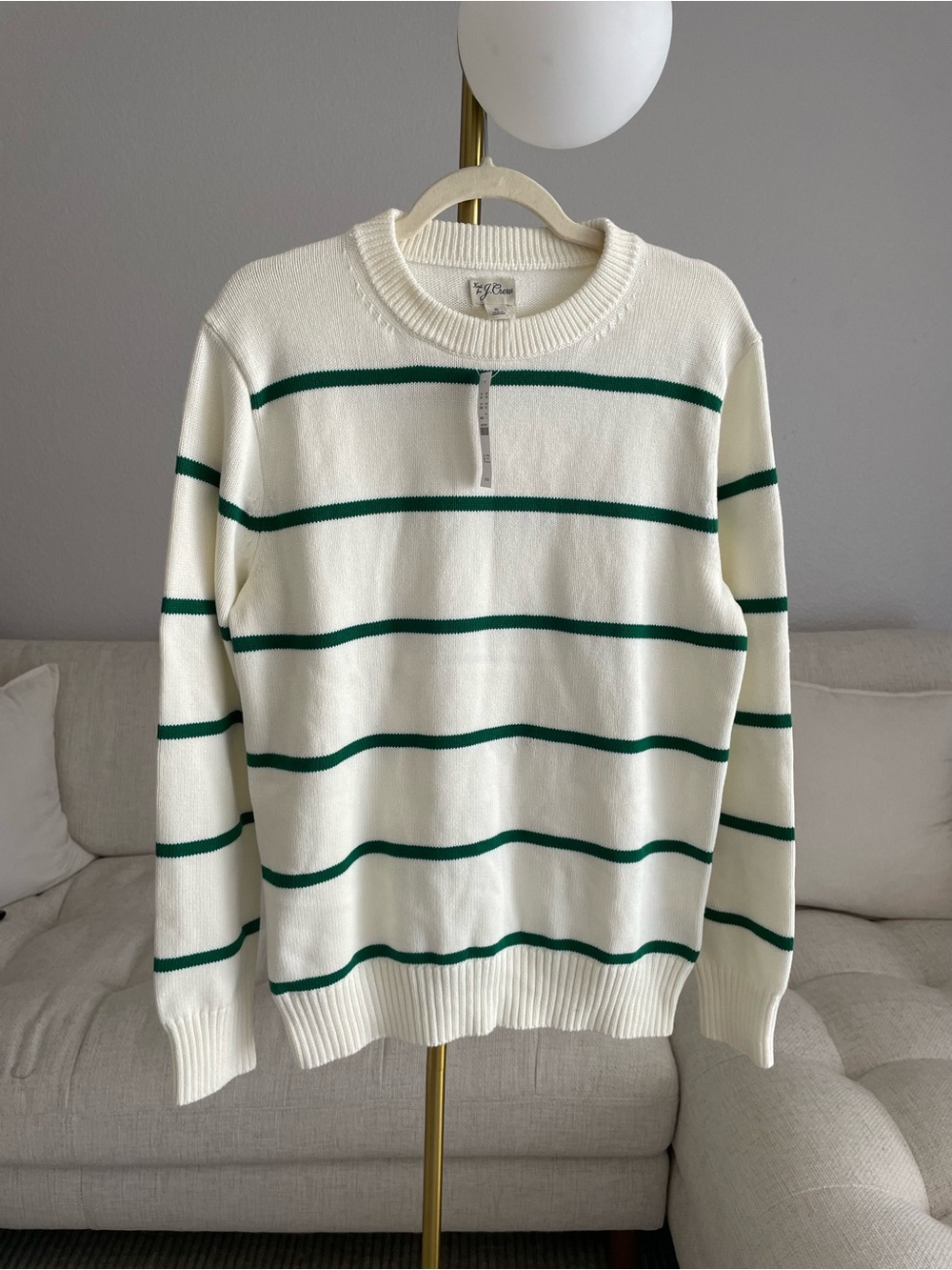 NWT J.Crew Heritage 100% Cotton Crewneck Sweater Ivory Jungle Green Stripe $118